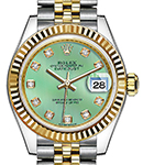Datejust Ladies 28mm Automatic in Steel with Yellow Gold Fluted Bezel on Steel and Yellow Gold Jubilee Bracelet with Mint Green Dial