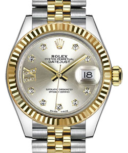 Datejust Ladies 28mm in Steel with Yellow Gold Fluted Bezel on Jubilee Bracelet with Silver Diamond Star Dial
