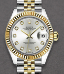 Datejust Ladies 28mm in Steel with Yellow Gold Fluted Bezel on Jubilee Bracelet with Silver Diamond Dial