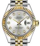 Datejust Ladies 28mm in Steel with Yellow Gold Fluted Bezel on Jubilee Bracelet with Silver Diamond Dial