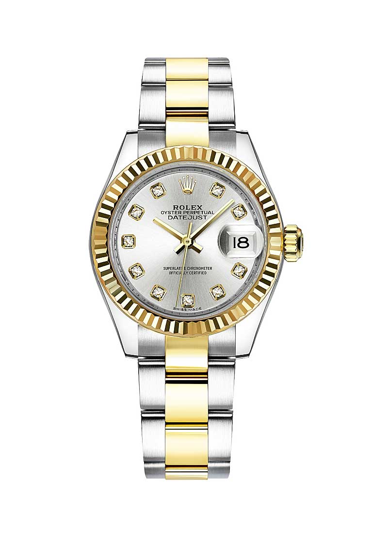 Rolex Unworn Datejust Ladies 28mm Automatic in Steel with Yellow Gold Fluted Bezel