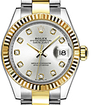 Datejust Ladies 28mm Automatic in Steel with Yellow Gold Fluted Bezel On Bracelet with Silver Diamond Dial