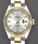 Datejust Ladies 28mm Automatic in Steel with Yellow Gold Fluted Bezel On Bracelet with Silver Diamond Dial