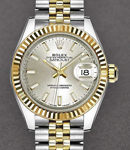 Datejust Ladies 28mm in Steel with Yellow Gold Fluted Bezel On Jubilee Bracelet with Silver Index Dial