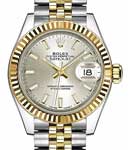 Datejust Ladies 28mm in Steel with Yellow Gold Fluted Bezel On Jubilee Bracelet with Silver Index Dial