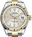 Datejust Ladies 28mm Automatic in Steel with Yellow Gold Fluted Bezel on Oyster Bracelet with Silver Stick Dial