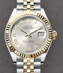 Datejust Ladies 28mm in Steel with Yellow Gold Fluted Bezel on Jubilee Bracelet with Silver Roman Dial
