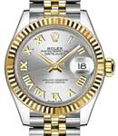 Datejust Ladies 28mm in Steel with Yellow Gold Fluted Bezel on Jubilee Bracelet with Silver Roman Dial