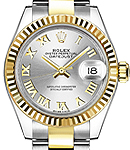 Ladies Datejust 28mm in Steel with Yellow Gold Fluted Bezel on Oyster Bracelet with Silver Roman Dial