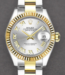 Ladies Datejust 28mm in Steel with Yellow Gold Fluted Bezel on Oyster Bracelet with Silver Roman Dial