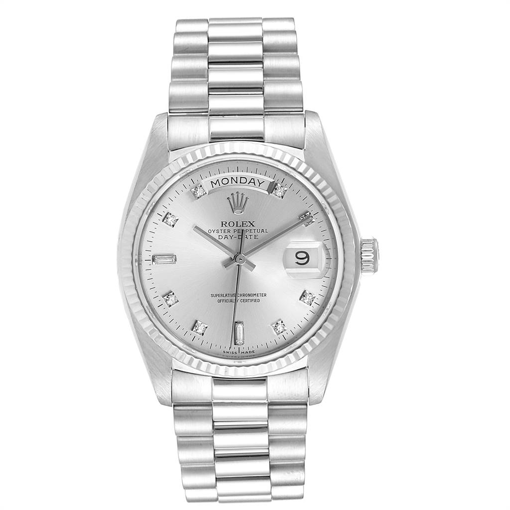 President Day Date 36mm in White Gold with Fluted Bezel  On President Bracelet with Silver Diamond Dial