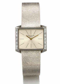 Vintage Mens Manual in White Gold with Baguette Diamond Bezel On White Gold Bracelet with Silver Dial