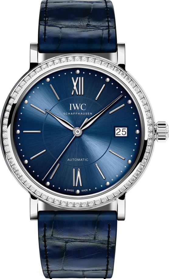 Portofino Mens 37mm Automatic in Steel with Diamond Bezel On Polished Blue Crocodile Strap with Blue Dial