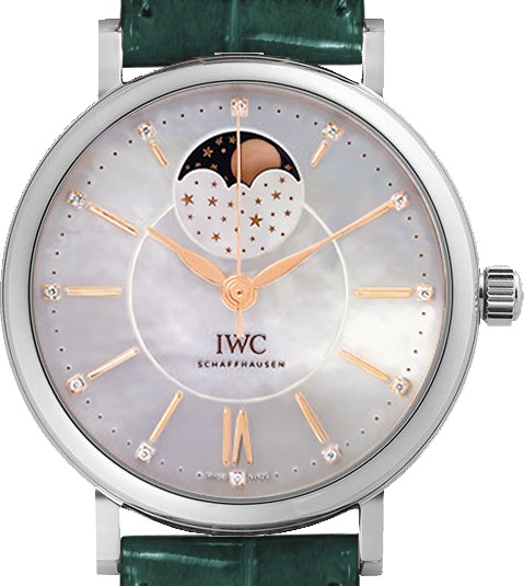 Portofino Mens 37mm Automatic in Steel On Green Alligator Strap - Mother of Pearl Dial