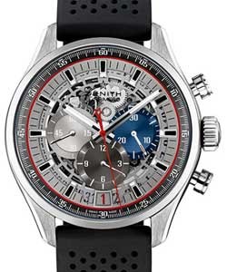 El Primero 36000 VPH Chronograph in Steel On Black Rubber Strap with Silver Skeleton Dial