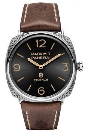 PAM 672 - Radiomir Firenze 3 Days Accaiao Engraved in Steel - Limited Edition of 99 pieces  On Brown Leather Engraved Strap with Black Dial