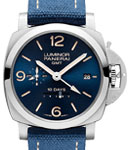 PAM 986 Luminor 1950 10 Days GMT in Stainless Steel On Blue Alligator Strap with Blue Dial