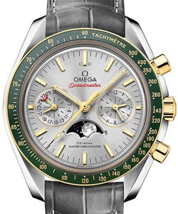 Seamaster Moonphase Chrnograph Master Mens 44.25mm Automatic in Steel On Grey Alligator Strap with Silver Dial - Yellow Gold Bezel