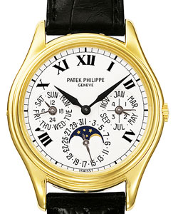 Perpetual Calendar 36mm Automatic in Yellow gold On Black Alligator Leather Strap with White Roman Dial