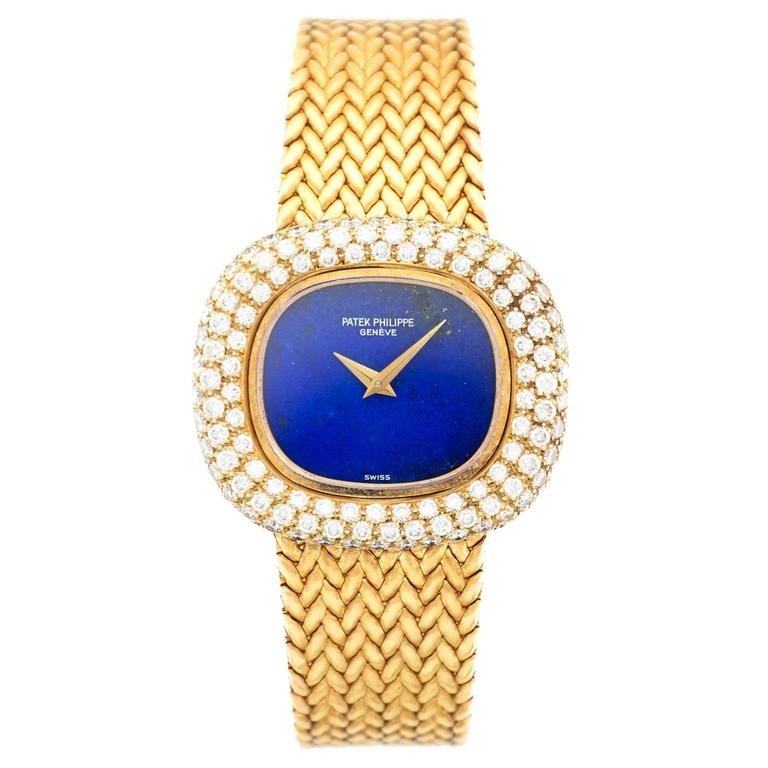 Vintage Manual in Yellow Gold with Diamond Bezel On Yellow Gold Bracelet with Blue Lapis Dial