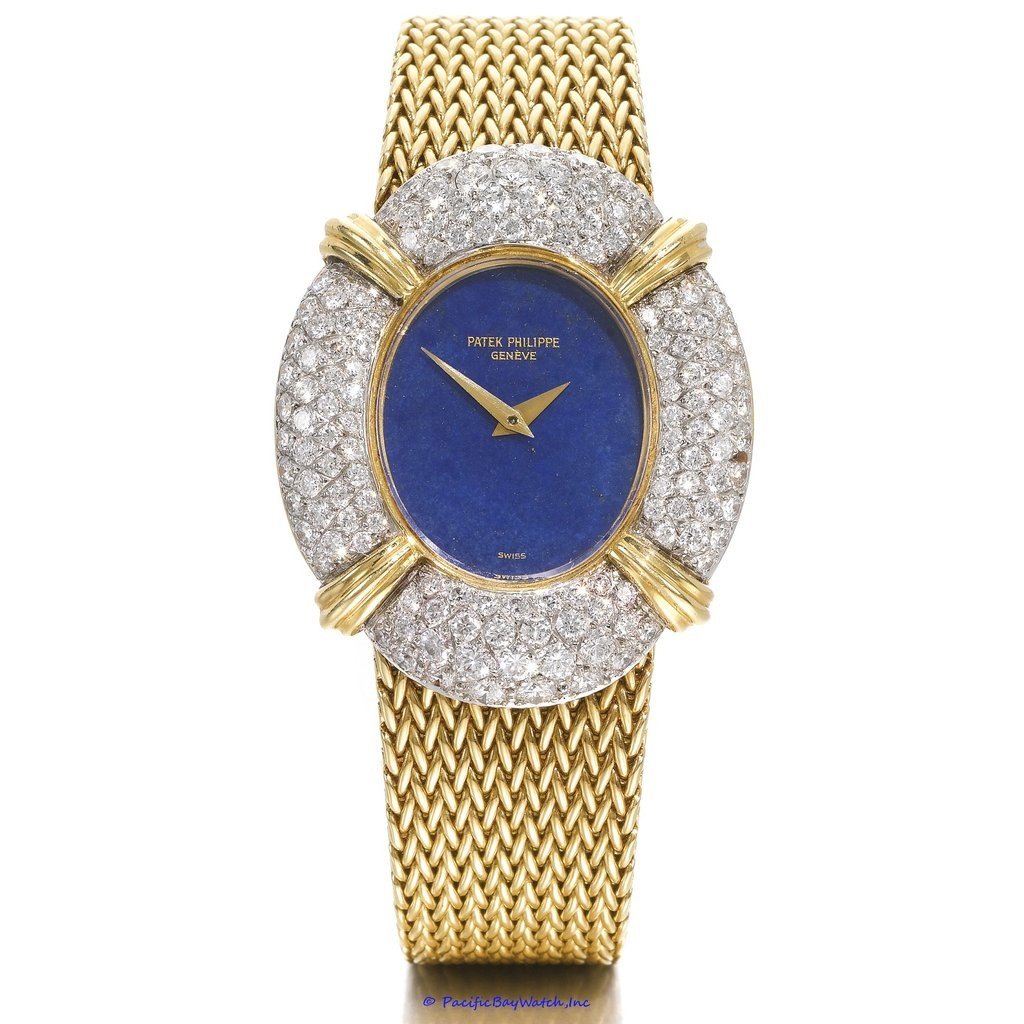 Vintage 4308 Manual in Yellow Gold with Diamond Bezel On Yellow Gold Bracelet with Blue Lapis Dial
