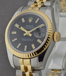 Ladies 2-Tone Datejust in Steel with Yellow Gold Fluted Bezel on Jubilee Bracelet with Black Stick Dial