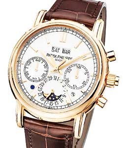Perpetual Calendar Rattrapante Chronograph 5204R in Rose Gold on Brown Crocodile Leather Strap  with White Dial