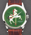 Calatrava 5077 Carousel Green Mens 37mm Automatic in Platinum On Brown Crocodile Strap- Enamel Dial 