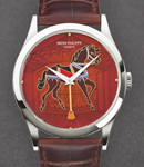 Calatrava 5077 Carousel Red Mens 37mm Automatic in Platinum On Brown Crocodile Strap- Enamel Dial 