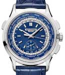 World Time Chronograph 5930 in White Gold On Blue Alligator Leather Strap with Blue Dial