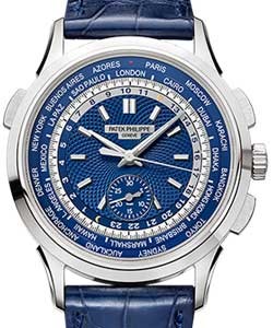 World Time Chronograph 5930 in White Gold On Blue Alligator Leather Strap with Blue Dial