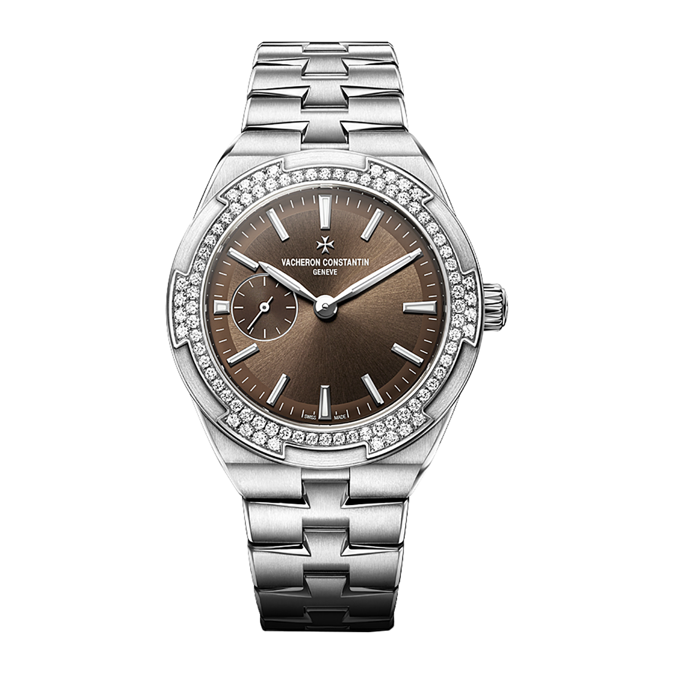 Overseas Small Ladies 37mm Automatic in Steel with Diamond Bezel On Steel Bracelet with Brown Dial