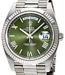 Day Date 40mm in White Gold with Fluted Bezel on President Bracelet with Olive Green Roman Dial