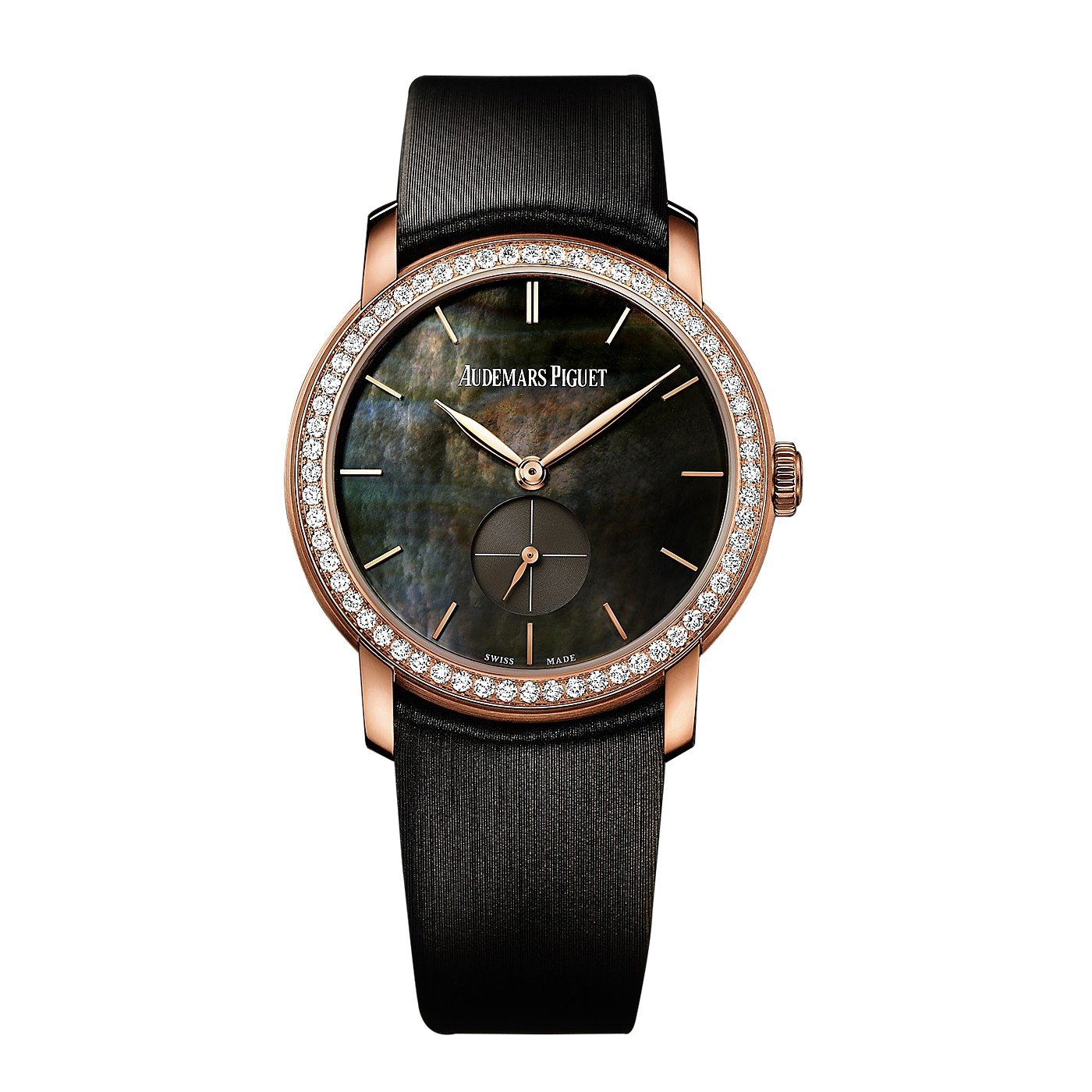 Jules Audemars Small Seconds in Rose Gold Diamond-Set Bezel on Black Leather with Mother of Pearl Dial