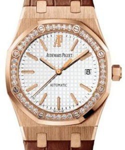 Royal Oak Rose Gold with Diamond Bezel on Brown Crocodile Leather Strap and Silver Dial