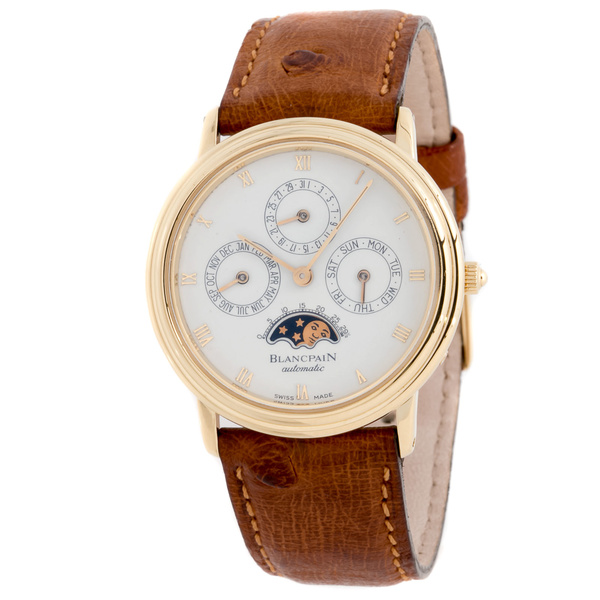 Villeret Perpetual Calendar in Yellow Gold on  Brown Calfskin Leather Strap with White Dial