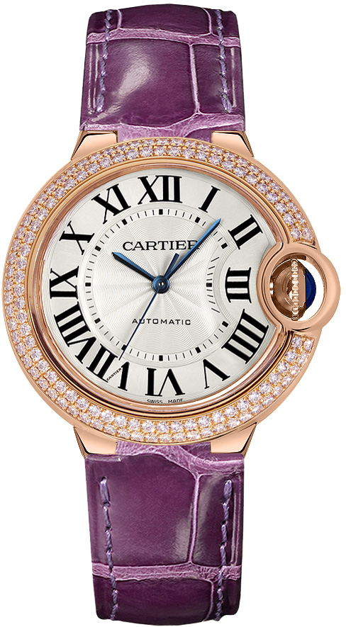 Ballon Bleu de Cartier in Rose Gold with Diamond Bezel On Purple Alligator Strap with Silver Opaline Dial