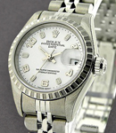 Ladies Date 26mm in Steel with Engine Turned Bezel on Jubilee Bracelet with White Arabic Dial