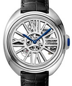 Cle de Cartier Automatic in Palladium On Black Leather Strap with Skeleton Dial