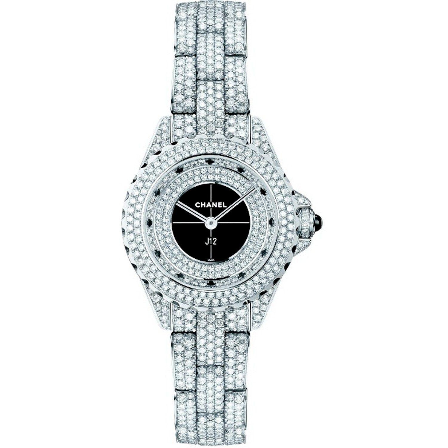 J12 Haute Joaillerie in White Gold with Diamond Bezel on White Gold Diamond Bracelet with Pave Diamond Dial