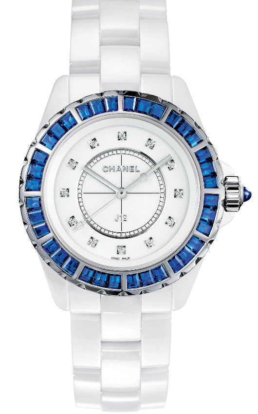 J12 Jewellery in White Ceramic and Blue Sapphire Bezel on White Ceramic Bracelet with White and Diamond Dial