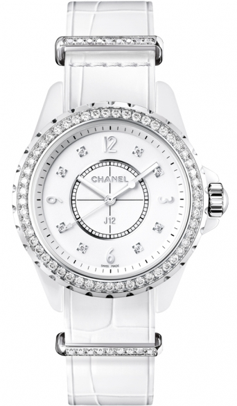 J12 G10 in White Gold Ceramic with Diamond Bezel on White Alligator Leather Strap with White Dial and Diamond