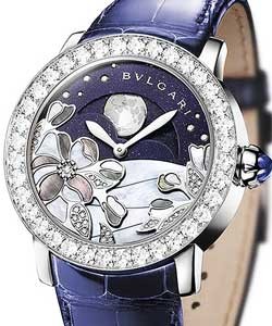 Bvlgari 37mm in White Gold with Diamond Bezel On Blue Alligator Leather Strap with Mother of Pearl Diamond Dial