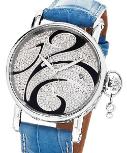 Swing 38mm in Brushed and Polished Stainless Steel on Light Blue Leather Strap with Black and Diamond Paved Dial