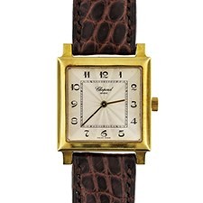 Classic Square in Yellow Gold on Brown Leather Strap with White Dial