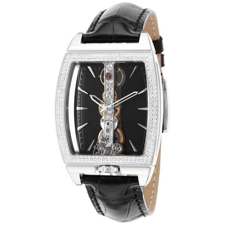 Golden Bridge in White Gold with Diamond Bezel on Black Leather Strap with Black Transparent Dial