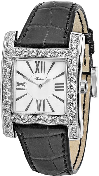 Classic in White Gold with Diamond Bezel on Black Leather Strap with White Mother of Pearl Dial