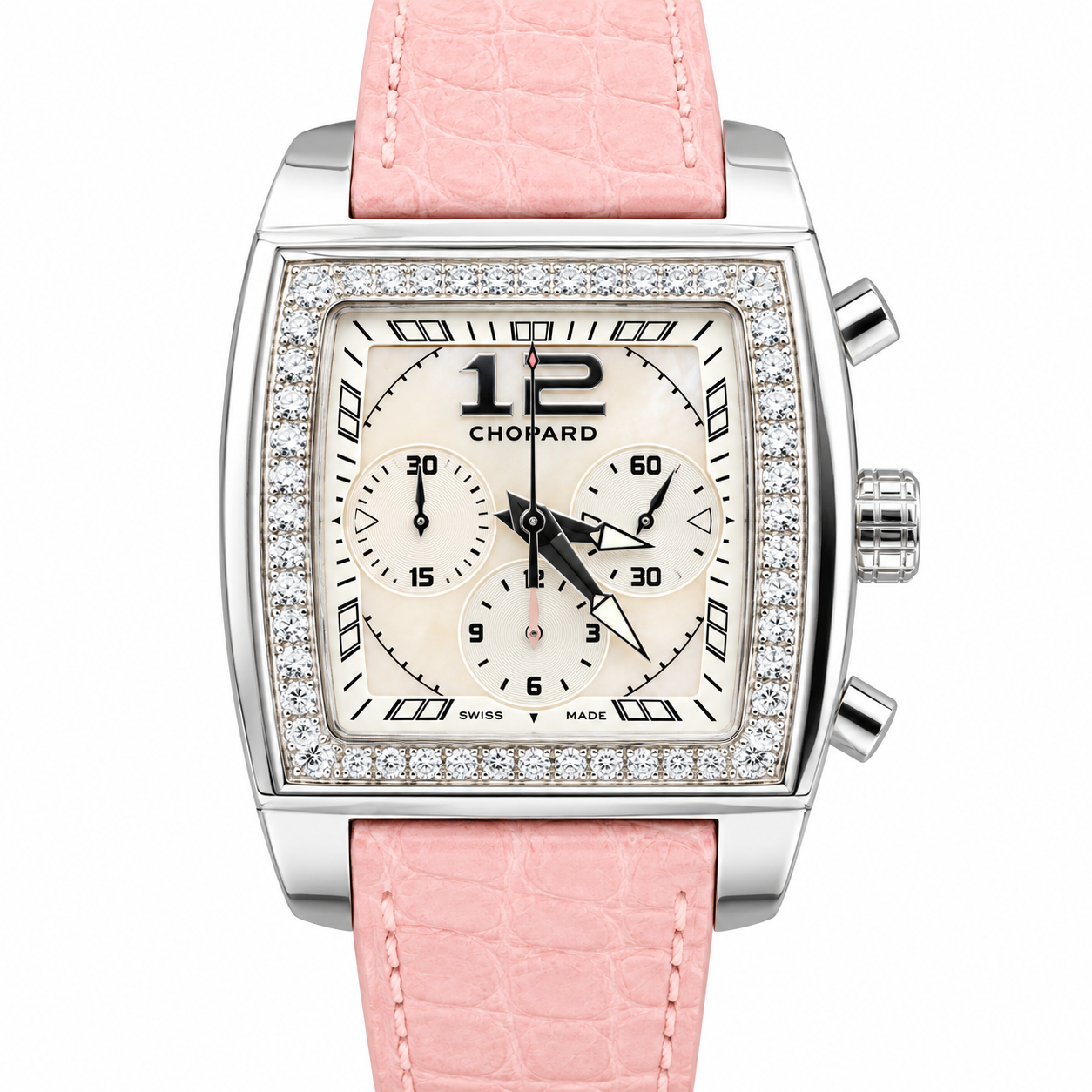 Two O Ten Sport in Steel with Diamond Bezel on Pink Leather Strap with White MOP Dial