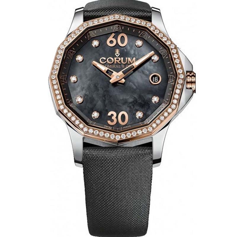 Admiral's Cup Ladies 38mm in Steel Diamond Bezel On Black Satin Strap with Mother of Pearl Diamond Dial