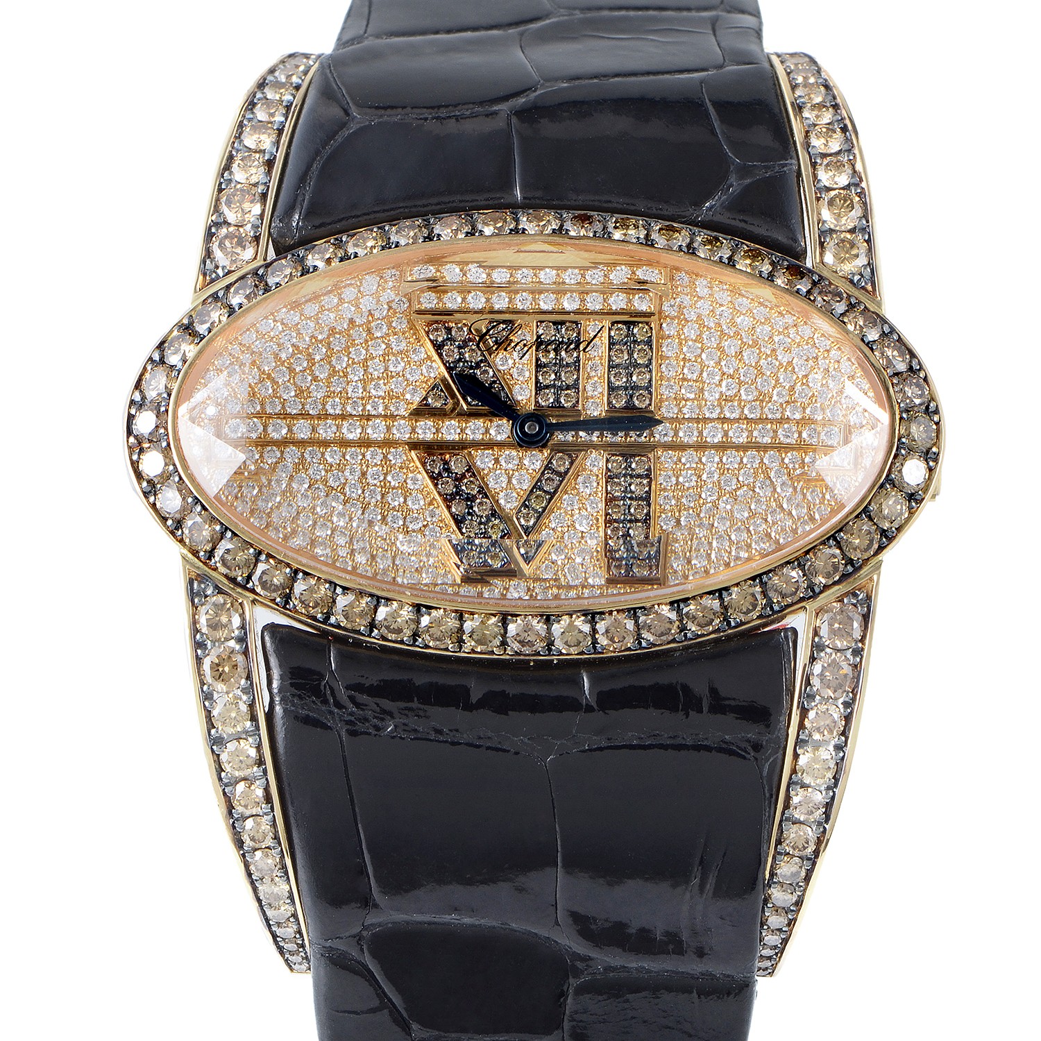 Classic Watch in Rose Gold with Diamond Bezel on Black Crocodile Leather Strap with Pave Diamond Dial